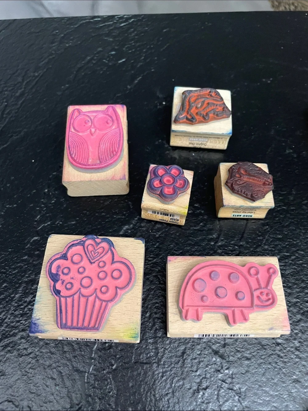 Wood Stamp Set with Colorful Pink and Multicolor Designs